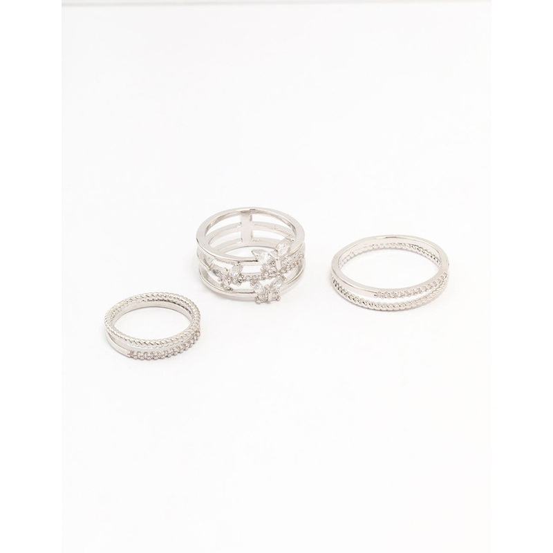 Silver Cubic Zirconia Small Butterfly Rings 3-Pack