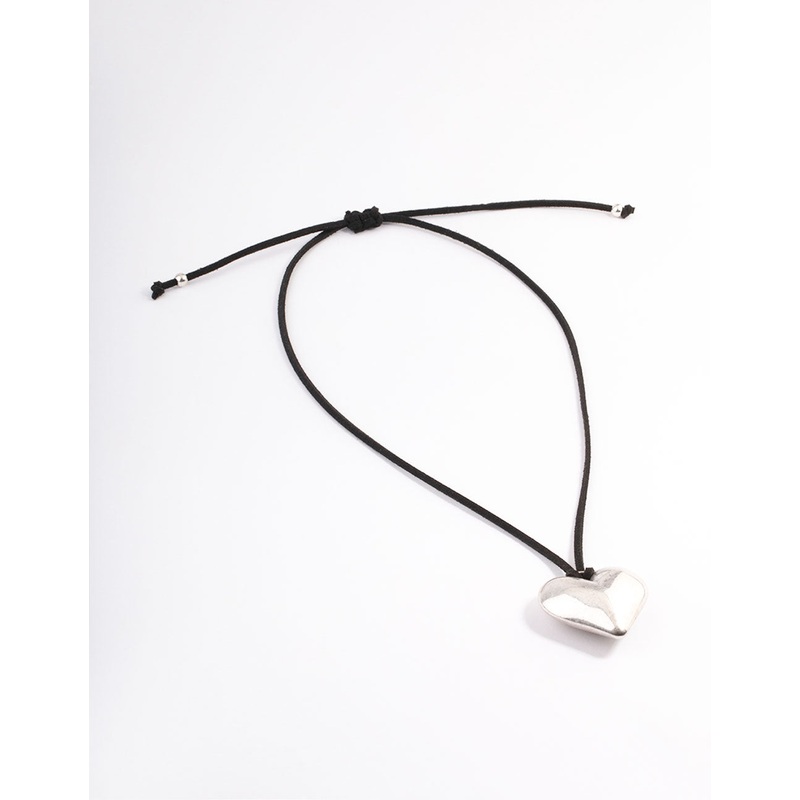 Silver Puffy Heart Black Suede Adjustable Cord Necklace