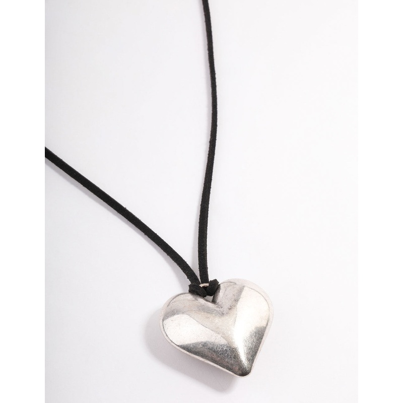 Silver Puffy Heart Black Suede Adjustable Cord Necklace