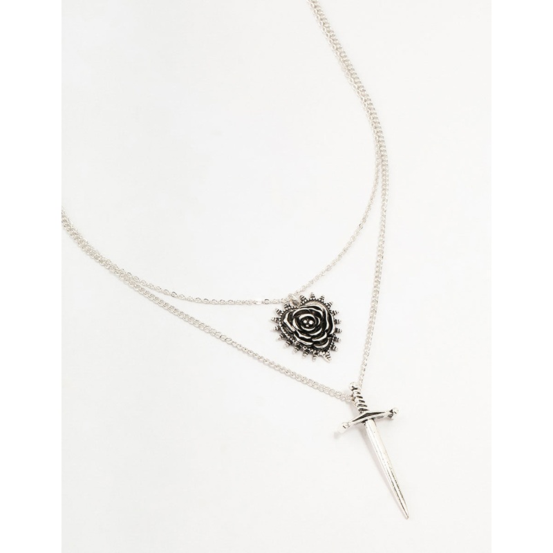 Antique Silver Dagger & Heart Layered Necklace