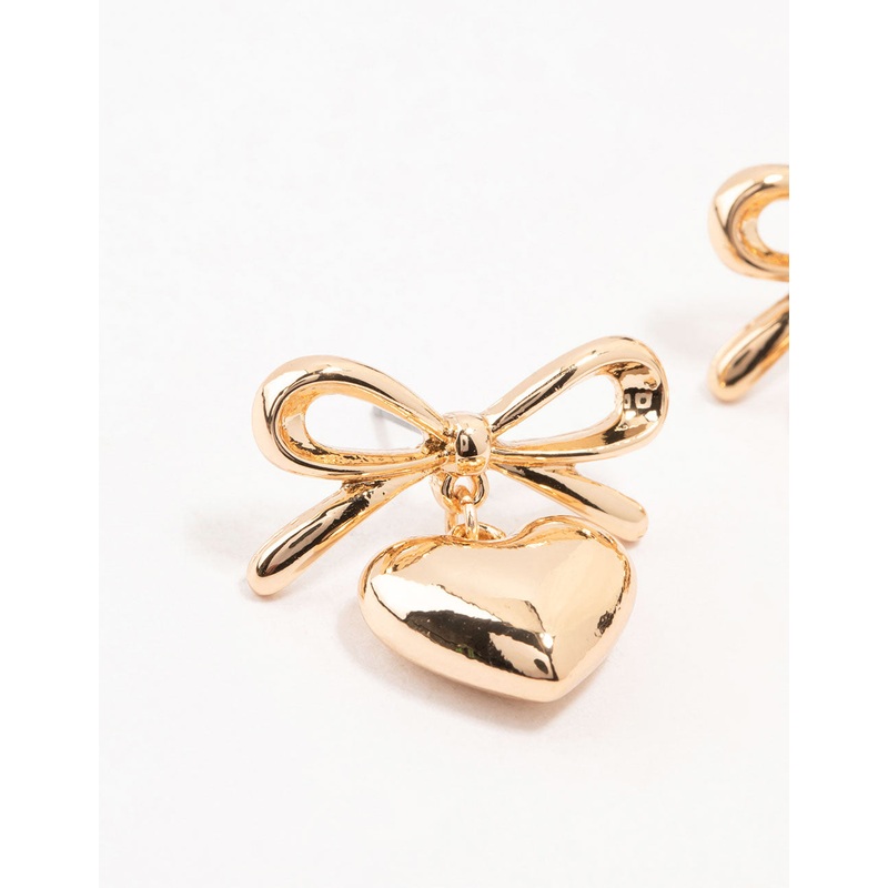 Gold Bow & Puffy Heart Drop Earrings