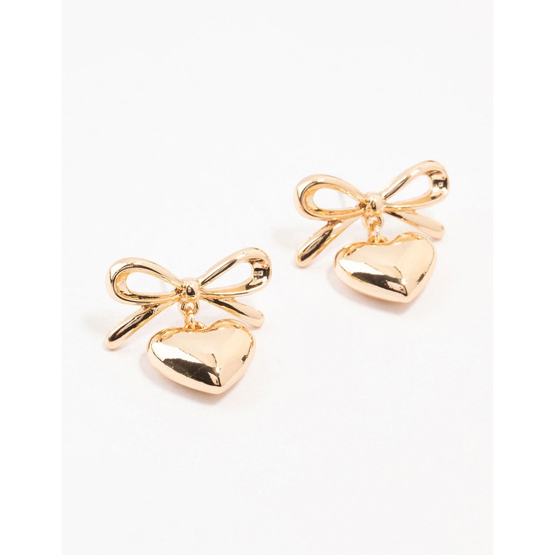 Gold Bow & Puffy Heart Drop Earrings