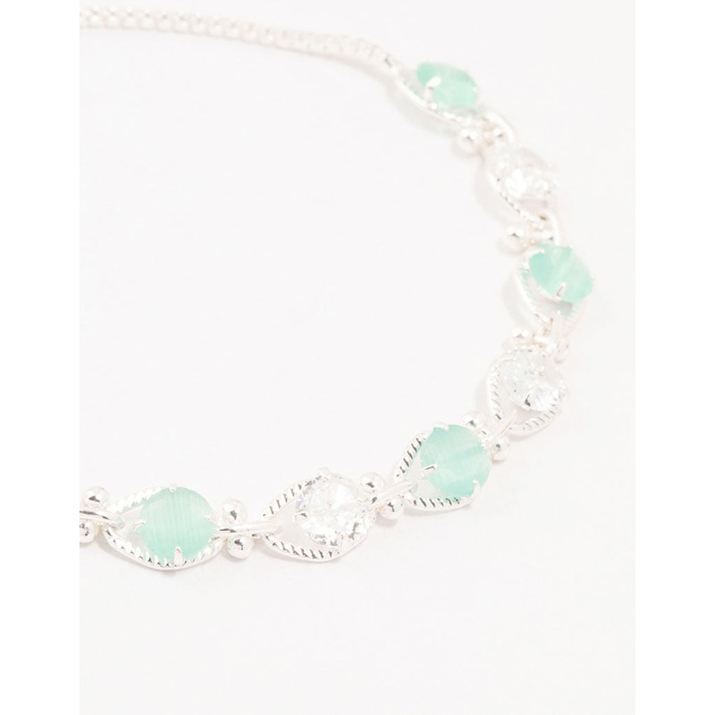 Silver Alternating Aqua Cubic Zirconia Crystal Dumbbell Toggle Bracelet