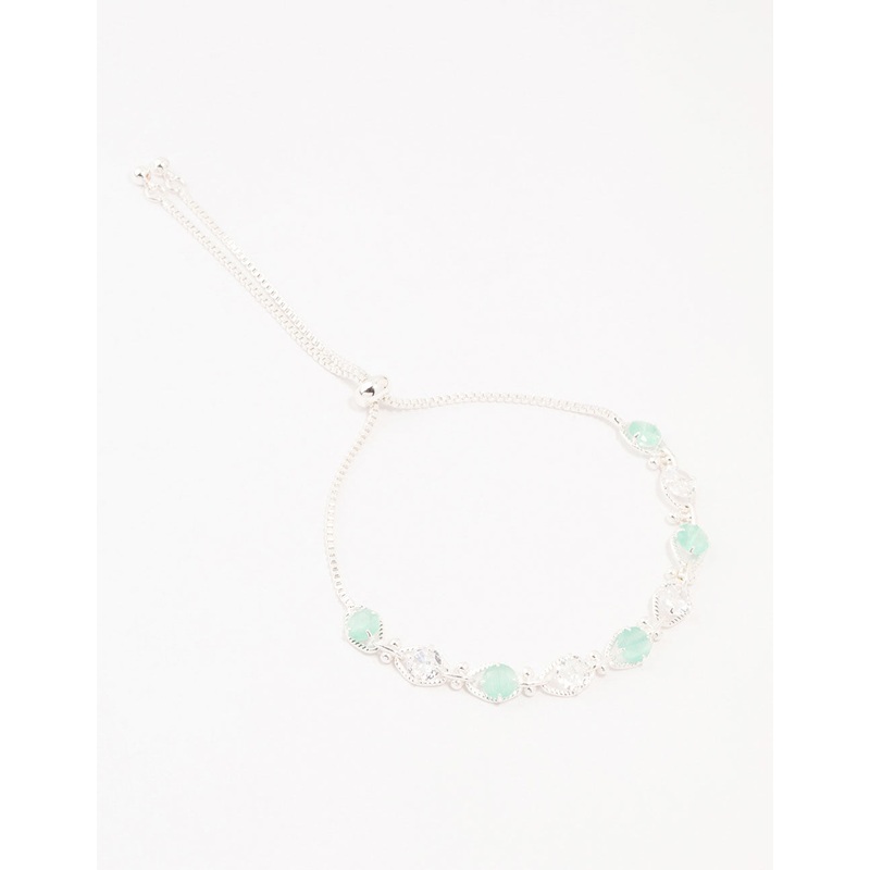 Silver Alternating Aqua Cubic Zirconia Crystal Dumbbell Toggle Bracelet