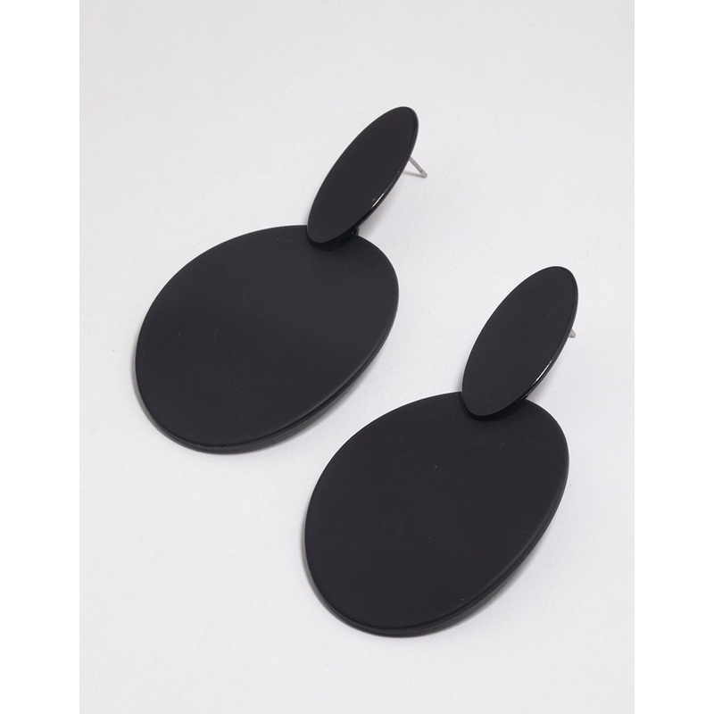 Coated Black Flat Oval Disc Drop Earrings