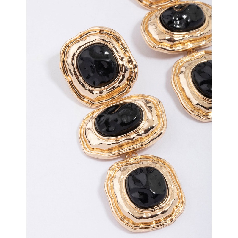 Gold & Black Molten Triple Stone Drop Earrings