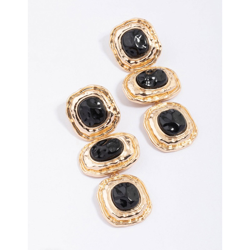 Gold & Black Molten Triple Stone Drop Earrings