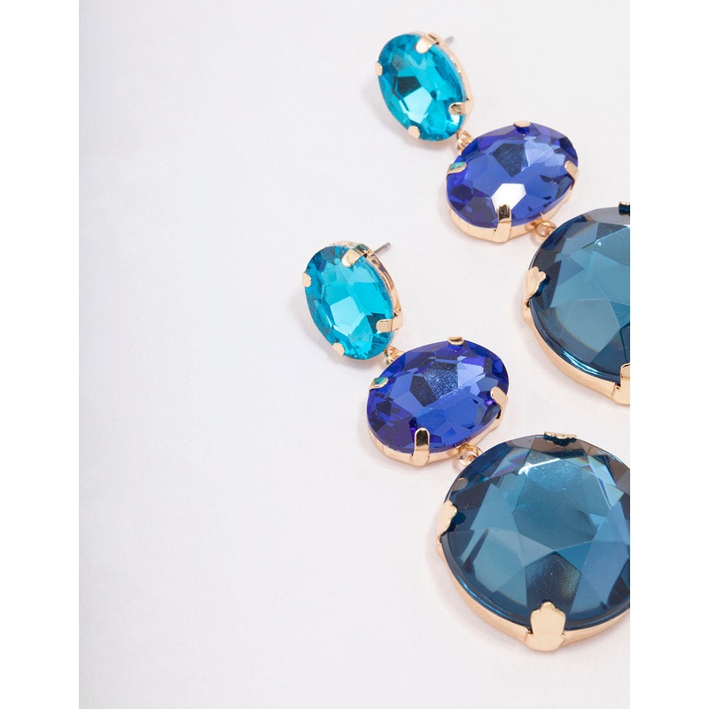 Gold Blue Cascading Triple Stone Drop Earrings
