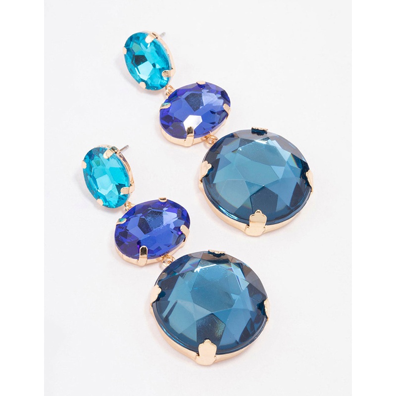 Gold Blue Cascading Triple Stone Drop Earrings
