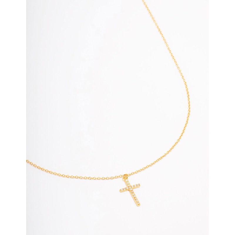 Gold Plated Sterling Silver Pave Cross Pendant Necklace