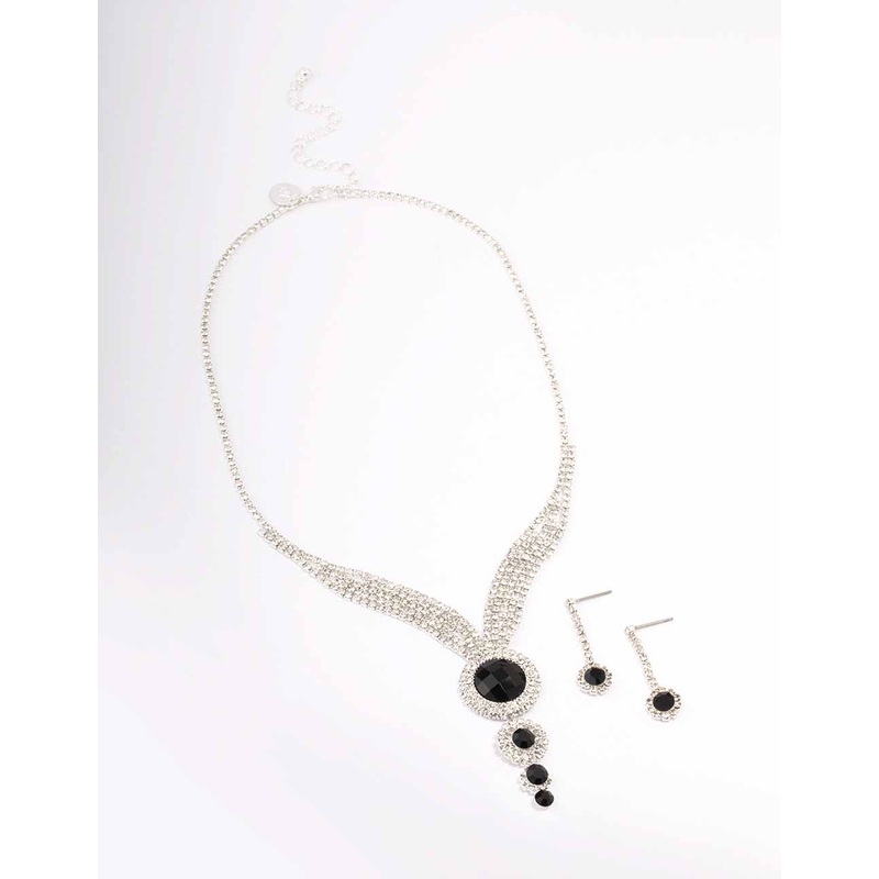 Silver & Black Diamante Circular Jewellery Set
