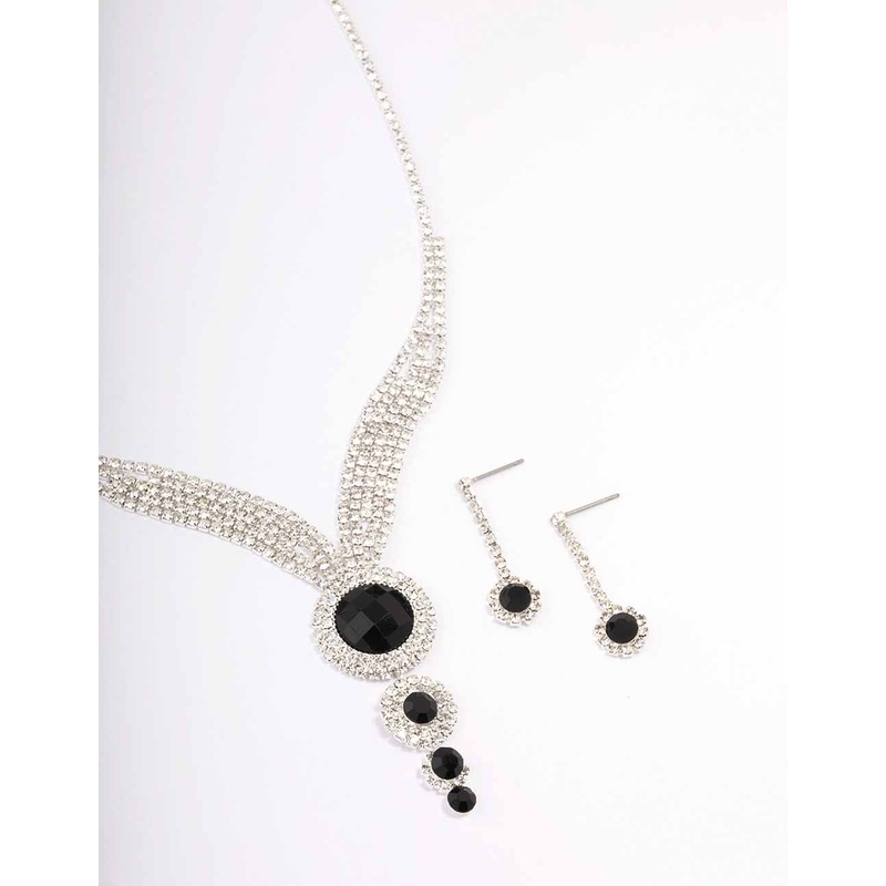 Silver & Black Diamante Circular Jewellery Set