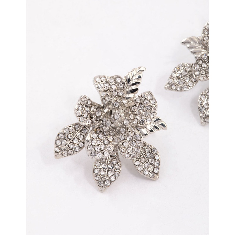 Silver Diamante Pave Flower Stud Earrings