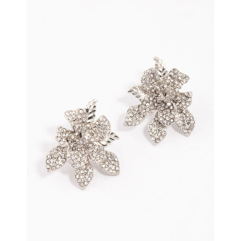 Silver Diamante Pave Flower Stud Earrings