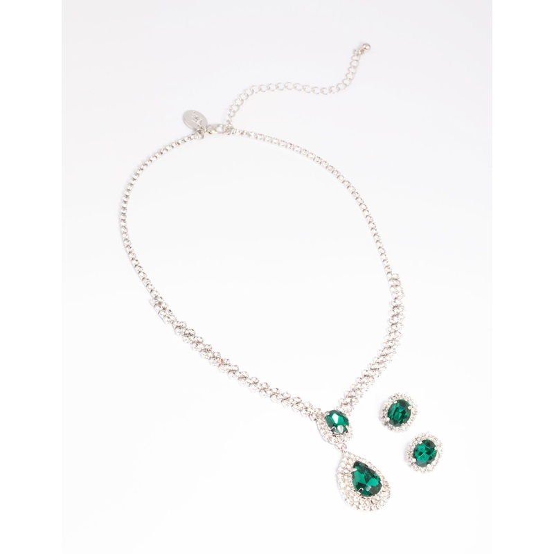 Green Diamante Teardrop Necklace & Earrings Set