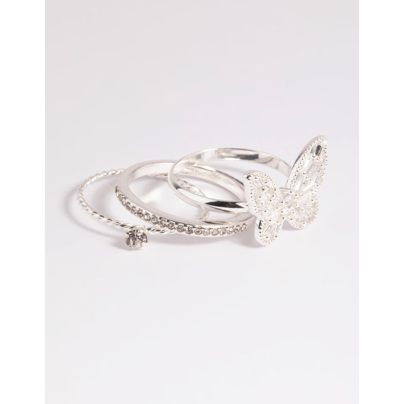 Silver Cubic Zirconia Butterfly Ring Stack Pack