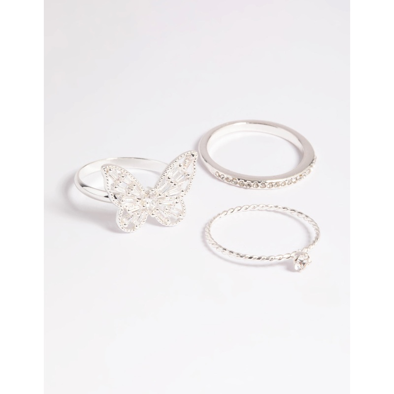 Silver Cubic Zirconia Butterfly Ring Stack Pack
