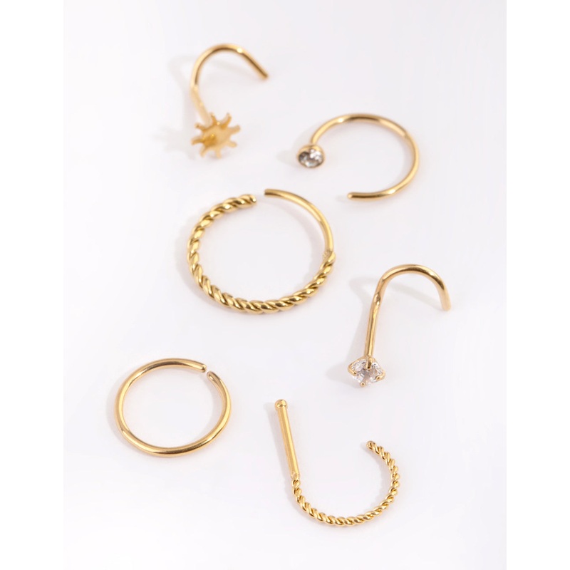 Gold Plated Surgical Steel Diamante Twist Nose Stud 6-Pack