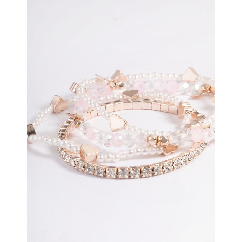 Kids Rose Gold Heart Diamante Stretch Bracelet 4-Pack