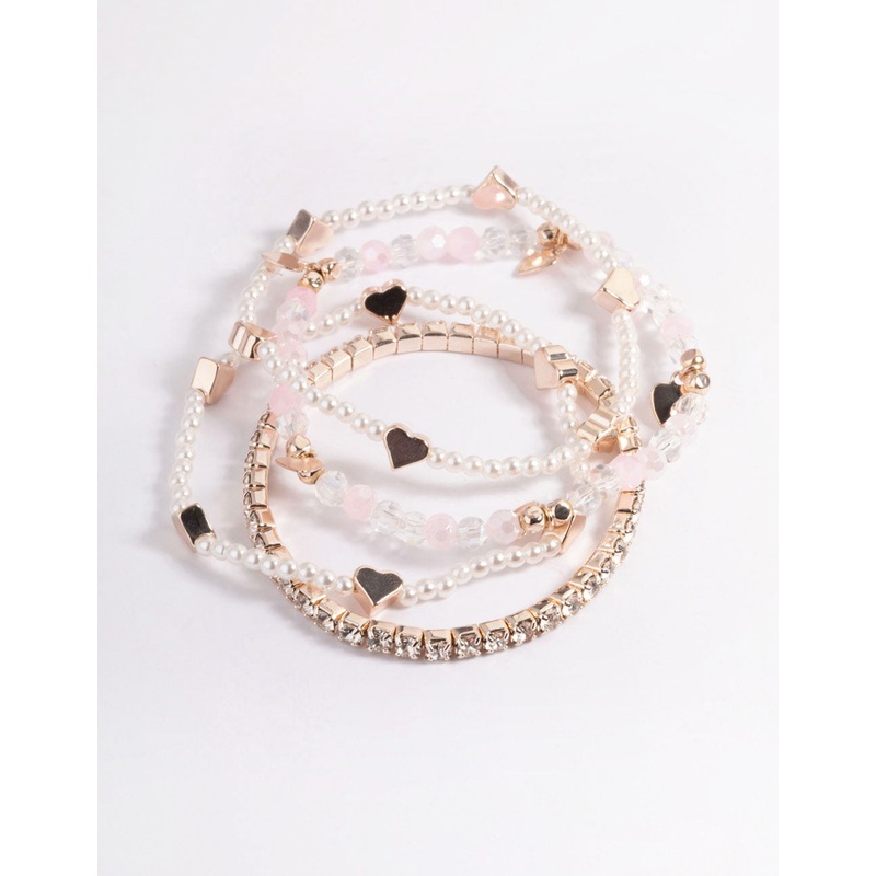 Kids Rose Gold Heart Diamante Stretch Bracelet 4-Pack