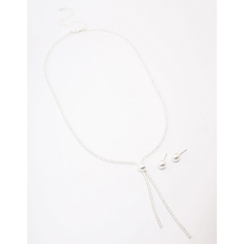 Silver Cubic Zirconia Lariat Necklace & Earring Set