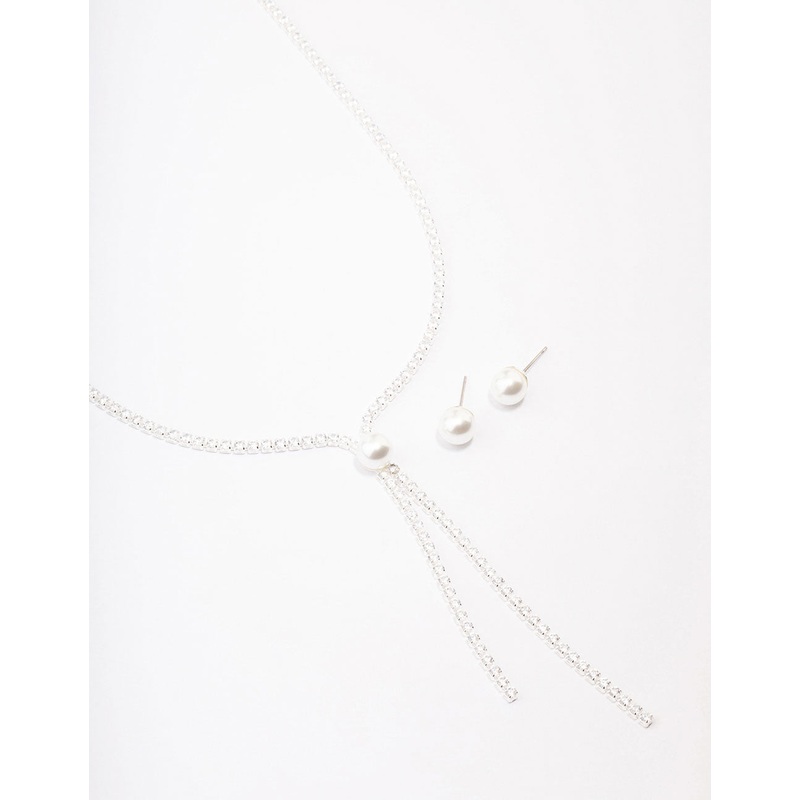 Silver Cubic Zirconia Lariat Necklace & Earring Set