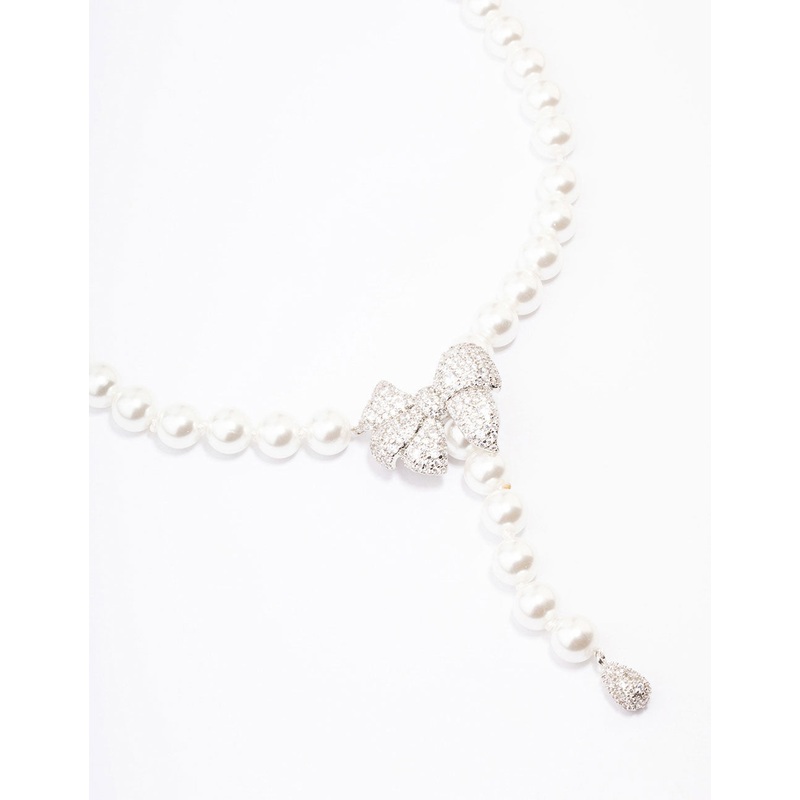 Silver Cubic Zirconia Pearl Y-Shape Necklace