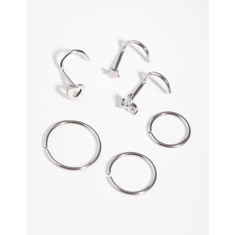 Surgical Steel Diamante Motif Nose Piercings 6-Pack