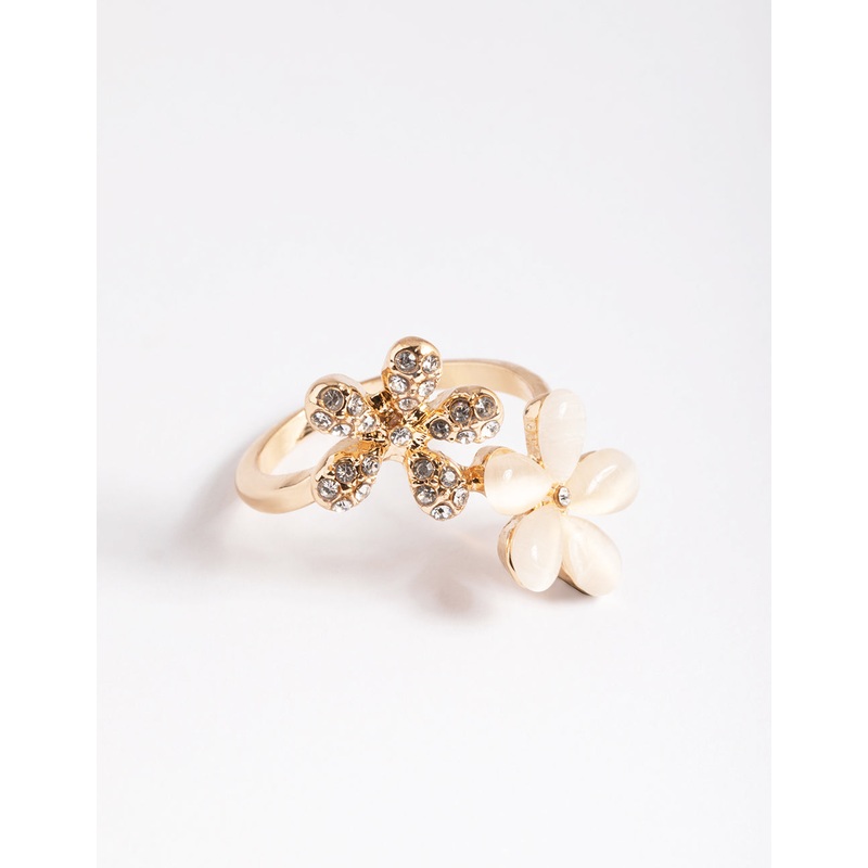 Gold Diamante & Cateye Flower Ring
