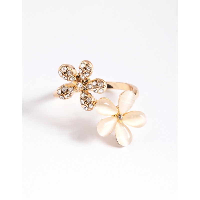 Gold Diamante & Cateye Flower Ring