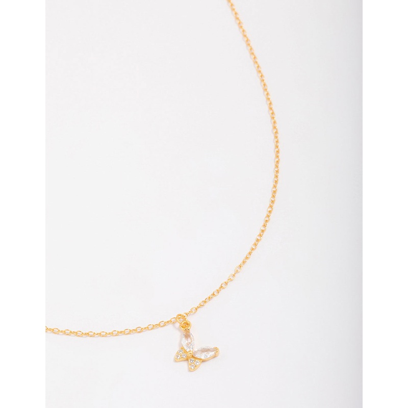 Gold Plated Sterling Silver Cubic Zirconia Butterfly & Angel Pendant Necklace