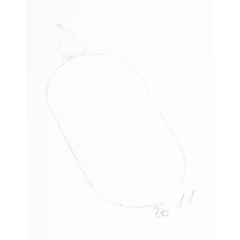 Silver Diamante Cherry Necklace & Stud Earrings Set