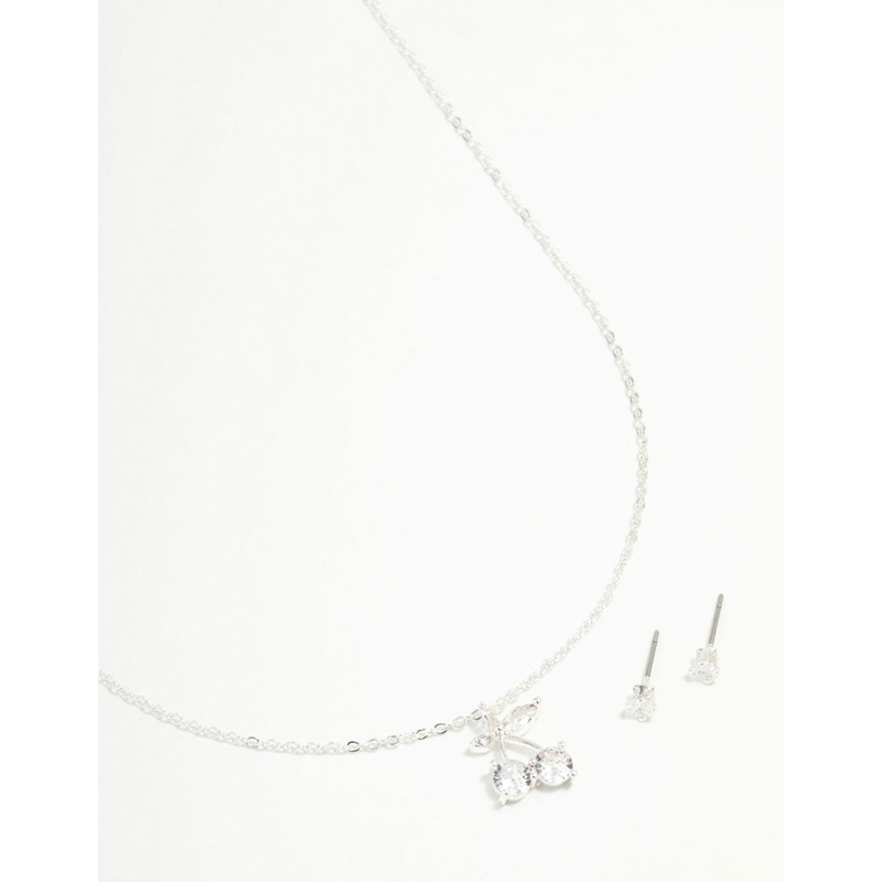 Silver Diamante Cherry Necklace & Stud Earrings Set