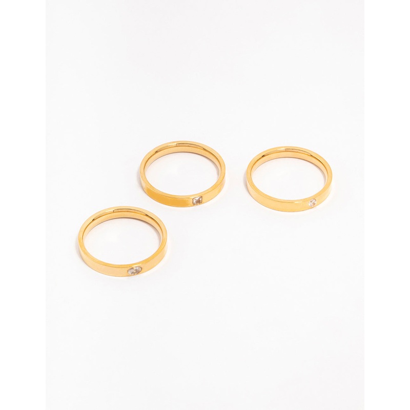 Waterproof Gold Plated Stainless Steel Cubic Zirconia Stacking Rings 3-Pack