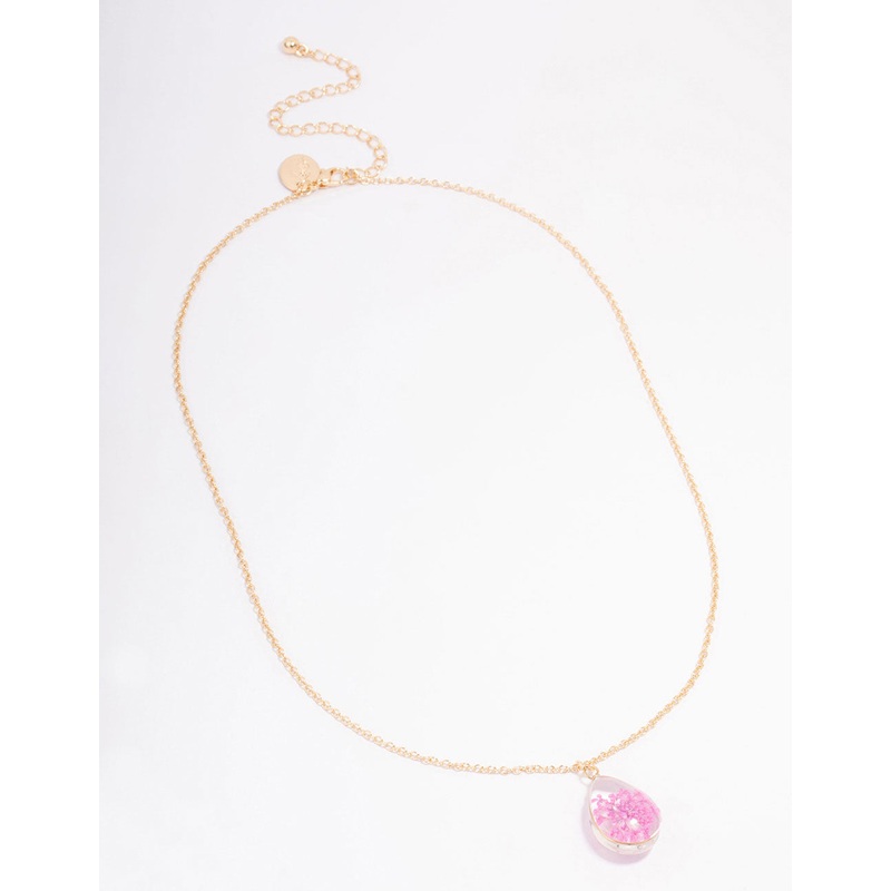 Gold Pink Resin Flower Pendant Necklace