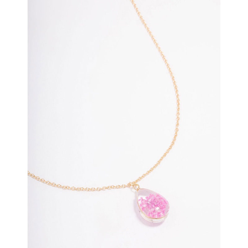 Gold Pink Resin Flower Pendant Necklace