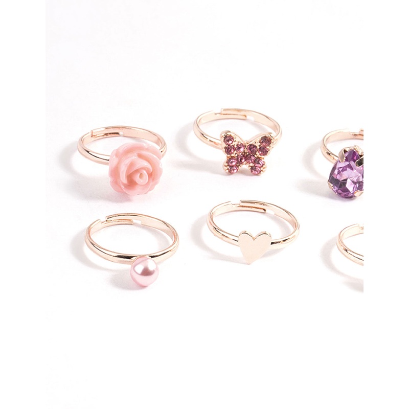 Kids Rose Gold Heart Diamante Pear Ring 6-Pack