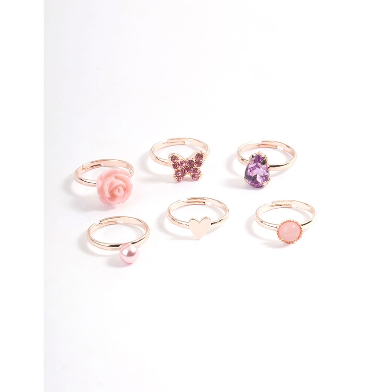 Kids Rose Gold Heart Diamante Pear Ring 6-Pack