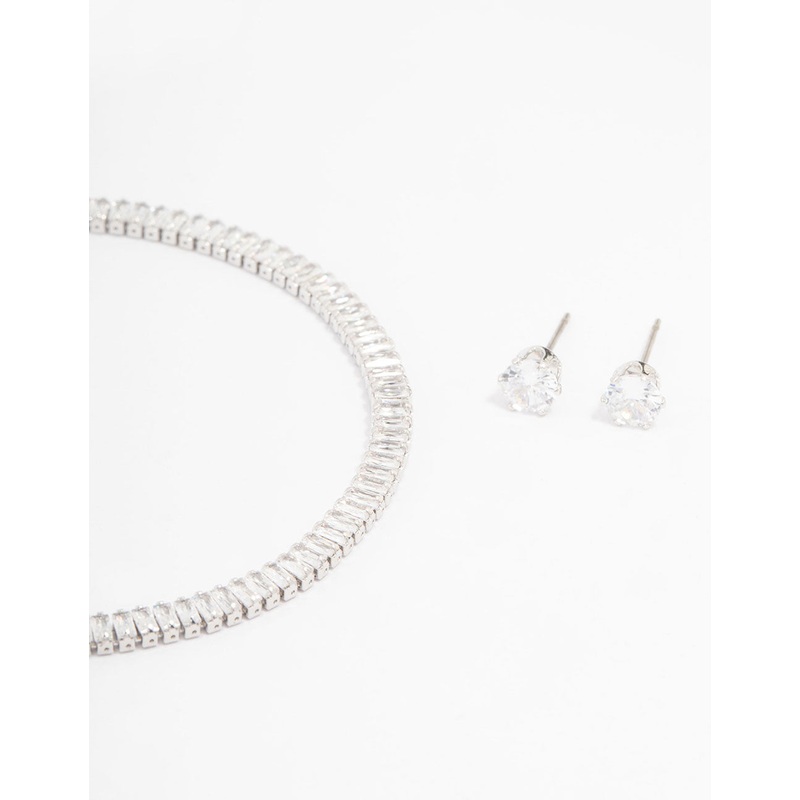 Silver Cubic Zirconia Baguette Tennis Bracelet & Earring Set