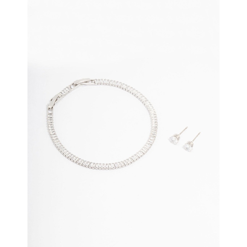 Silver Cubic Zirconia Baguette Tennis Bracelet & Earring Set