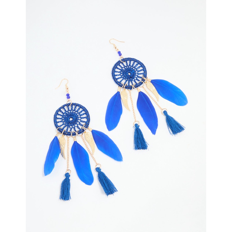 Blue Feather Dreamcatcher Drop Earrings