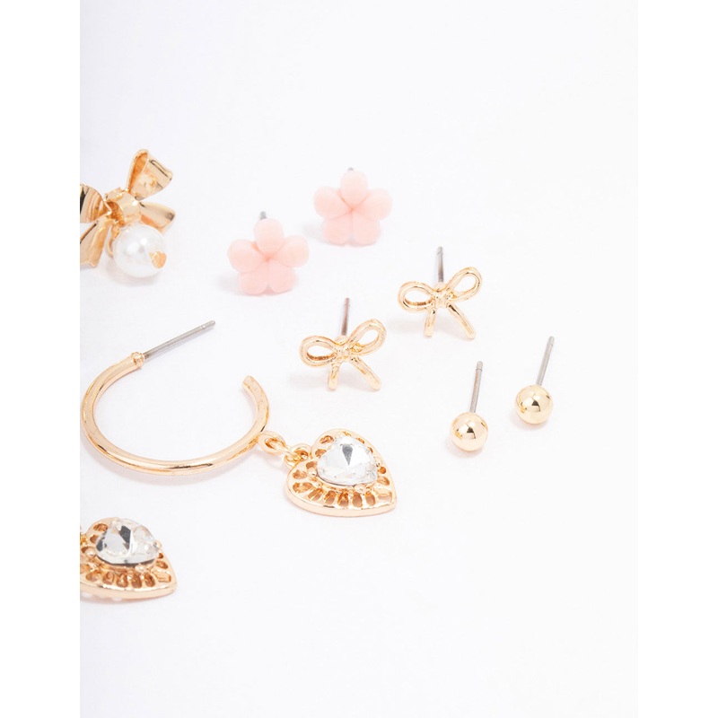 Gold Bow Flower & Pearl Earring 8-Pack