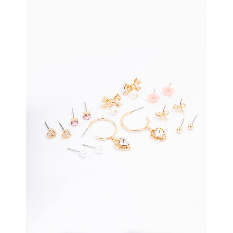 Gold Bow Flower & Pearl Earring 8-Pack