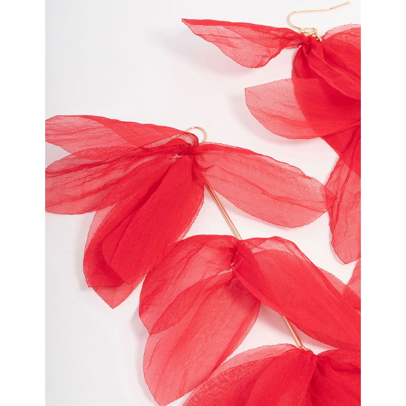 Red Chiffon Fabric Petal Leaf Drop Earrings