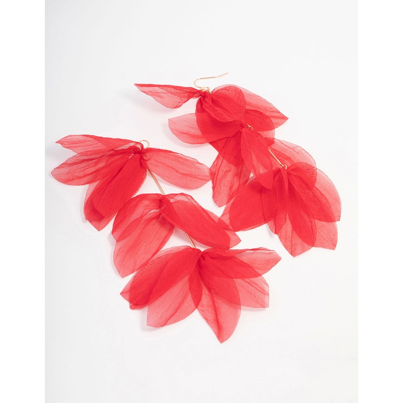 Red Chiffon Fabric Petal Leaf Drop Earrings