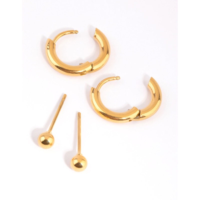 Gold Plated Surgical Steel Plain Stud & Huggie Hoop Earrings 2-Pack