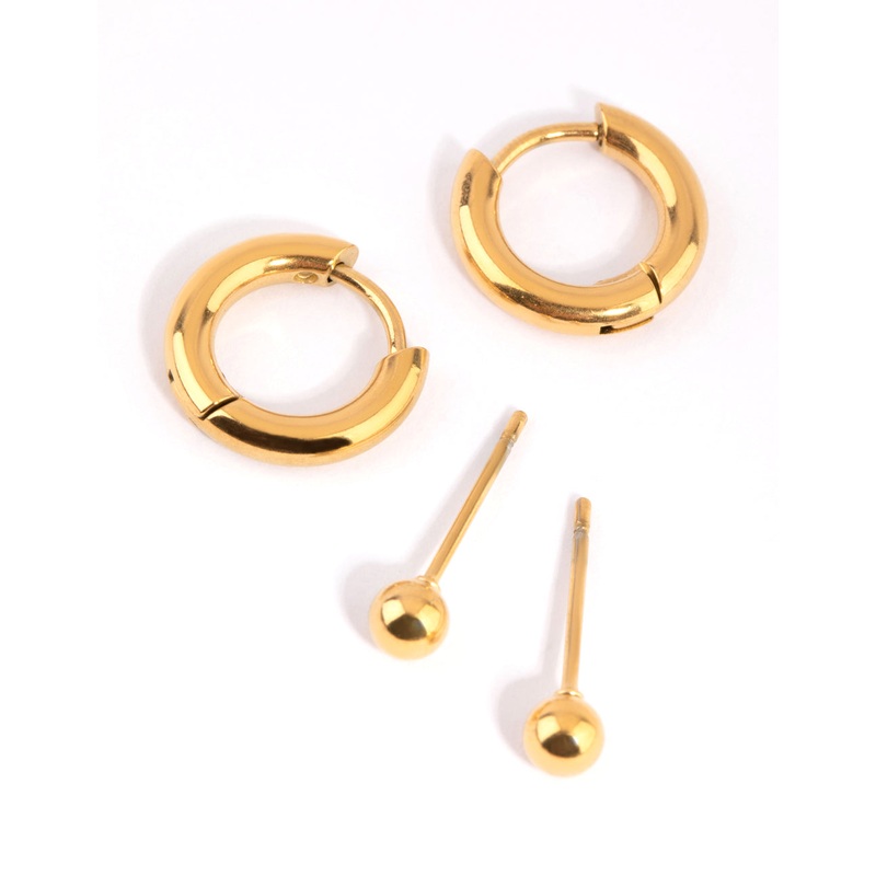 Gold Plated Surgical Steel Plain Stud & Huggie Hoop Earrings 2-Pack