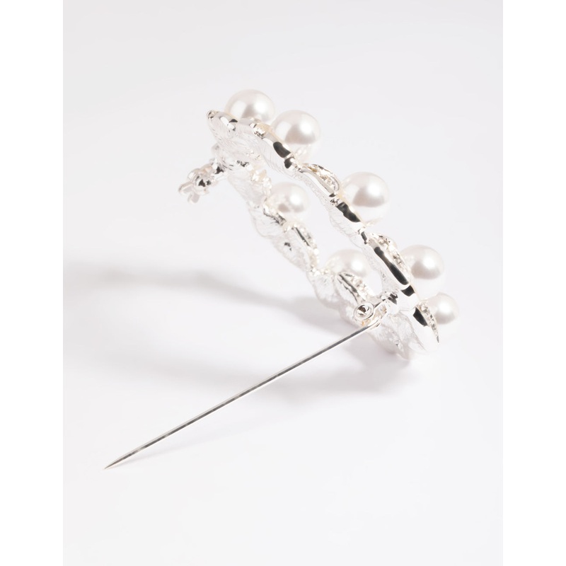 Silver Diamante Leaf & Pearl Brooch