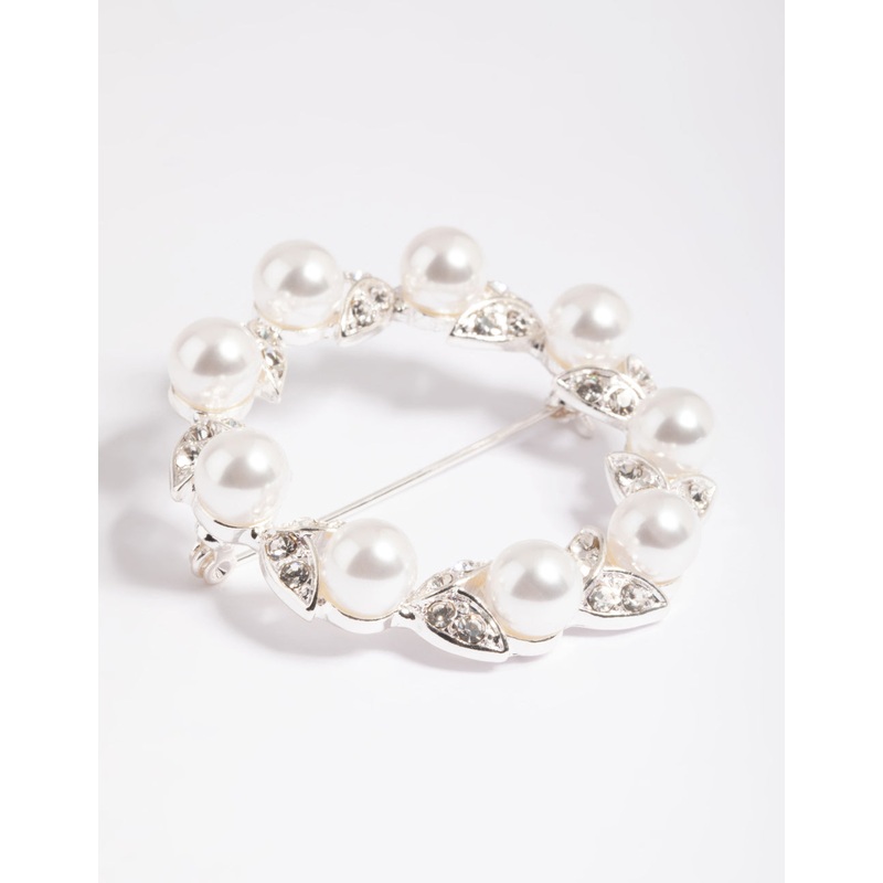 Silver Diamante Leaf & Pearl Brooch