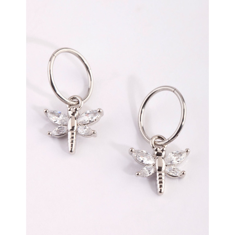 Surgical Steel Cubic Zirconia Dragonfly Hoop Earrings